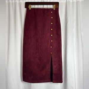Messini Women's Small Burgundy Faux Suede Midi Skirt Gold Button Front Career